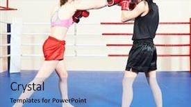  Presentation with thai - Theme featuring phisic - muay thai woman fighting background and a light blue colored foreground