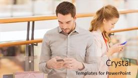  Presentation with people mall - Colorful PPT theme enhanced with phone addiction - sale consumerism technology and people backdrop and a coral colored foreground