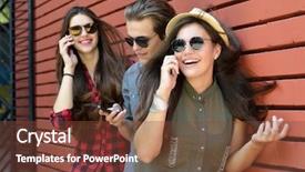  Presentation with diversity students friends happiness concept - Presentation with smart phone against red brick background and a tawny brown colored foreground