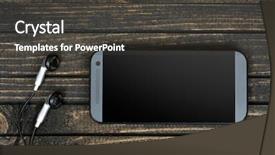  Presentation with phone - Presentation enhanced with phone and earphones on wooden background and a  colored foreground