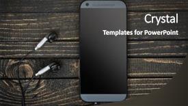  Presentation with wooden board empty table top - Presentation theme with phone and earphones on wooden background and a  colored foreground