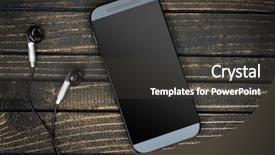  Presentation with old wooden table food - Presentation featuring phone and earphones on wooden background and a  colored foreground