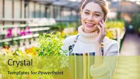  Presentation with young plant - Slide set consisting of phone and holding small plant background and a yellow colored foreground