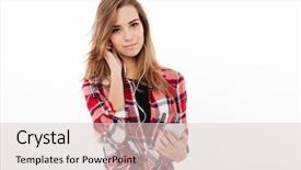  Presentation with pretty girl - Audience pleasing slide set consisting of phone and listening to music backdrop and a  colored foreground