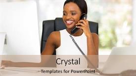  Presentation with african american in computer - PPT theme enhanced with phone and looking at computer background and a coral colored foreground