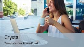  Presentation with happy smiling woman dental health - PPT theme with phone and working on laptop background and a light blue colored foreground