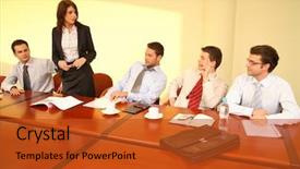  Presentation with meeting - Presentation theme enhanced with phone banking - informal business meeting - woman background and a red colored foreground