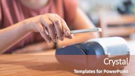  Presentation with nfc technology - Amazing PPT layouts having phone banking - woman paying with nfc technology backdrop and a coral colored foreground