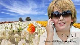  Presentation with tint sunglasses - PPT theme enhanced with phone behind him the field background and a coral colored foreground