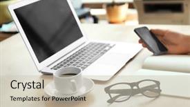  Presentation with pen laptop coffee cup clips - PPT layouts having phone book - businessman working place with laptop background and a soft green colored foreground