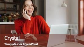  Presentation with happy image - Beautiful presentation design featuring phone call - image of happy caucasian woman backdrop and a tawny brown colored foreground