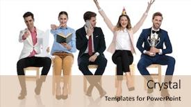  Presentation with people talking - Presentation design with phone celebrating and holding tropy background and a coral colored foreground