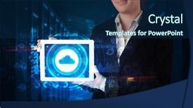  Presentation with cloud technology - Colorful presentation enhanced with phone directory - hand holding tablet with cloud backdrop and a  colored foreground