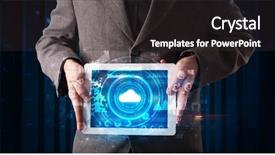  Presentation with healthcare technology cloud - Presentation theme featuring phone directory - hand holding tablet with cloud background and a dark gray colored foreground