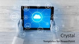  Presentation with cloud computing - Theme featuring phone directory - hand touching tablet with cloud background and a teal colored foreground