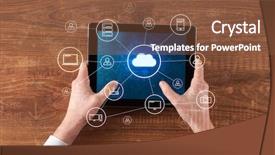  Presentation with cloud computing - Audience pleasing PPT theme consisting of phone directory - hand touching tablet with cloud backdrop and a tawny brown colored foreground