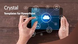  Presentation with healthcare cloud computing - Audience pleasing presentation theme consisting of phone directory - hand touching tablet with cloud backdrop and a  colored foreground