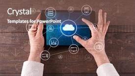  Presentation with cloud computing security - Colorful slide deck enhanced with phone directory - hand touching tablet with cloud backdrop and a violet colored foreground