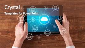  Presentation with healthcare cloud computing - Amazing PPT theme having phone directory - hand touching tablet with cloud backdrop and a tawny brown colored foreground