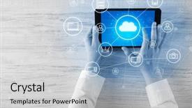  Presentation with cloud computing - PPT theme having phone directory - hand touching tablet with cloud background and a light gray colored foreground