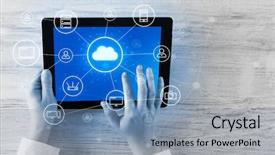  Presentation with cloud computing security - Colorful theme enhanced with phone directory - hand touching tablet with cloud backdrop and a  colored foreground