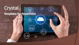  Presentation with cloud computing - Slides with phone directory - hand touching tablet with cloud background and a tawny brown colored foreground