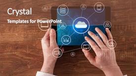  Presentation with virtual memory in cloud computing - Presentation theme consisting of phone directory - hand touching tablet with cloud background and a tawny brown colored foreground