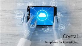  Presentation with cloud computing - Slide set featuring phone directory - hand touching tablet with cloud background and a  colored foreground