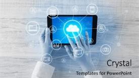  Presentation with cloud computing - Audience pleasing slide set consisting of phone directory - hand touching tablet with cloud backdrop and a light blue colored foreground
