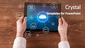  Presentation with cloud computing security - Cool new slides with phone directory - hand touching tablet with cloud backdrop and a tawny brown colored foreground