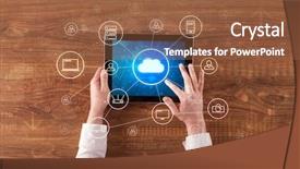  Presentation with storage - Slides consisting of phone directory - hand touching tablet with cloud background and a tawny brown colored foreground