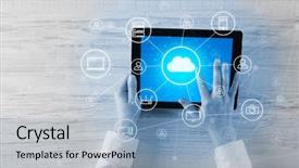  Presentation with cloud computing security - Colorful PPT theme enhanced with phone directory - hand touching tablet with cloud backdrop and a  colored foreground