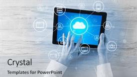  Presentation with cloud computing - Slide set having phone directory - hand touching tablet with cloud background and a light blue colored foreground