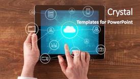  Presentation with cloud computing - Amazing presentation design having phone directory - hand touching tablet with cloud backdrop and a tawny brown colored foreground