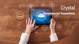  Presentation with cloud computing - Slide deck consisting of phone directory - hand touching tablet with cloud background and a tawny brown colored foreground