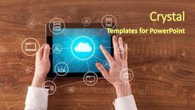  Presentation with cloud computing - Slide set with phone directory - hand touching tablet with cloud background and a tawny brown colored foreground