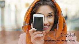  Presentation with woman muslim - Audience pleasing slides consisting of phone display close up portrait backdrop and a red colored foreground