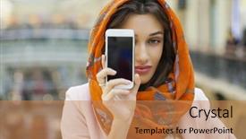  Presentation with woman muslim - PPT layouts with phone display close up portrait background and a coral colored foreground