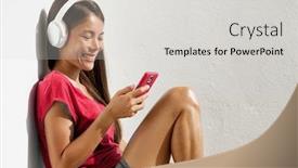  Presentation with people mobile technology - Beautiful slides featuring phone-girl-relaxing-at-home backdrop and a light gray colored foreground