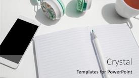  Presentation with educational - Presentation design enhanced with phone-head-phones-note background and a  colored foreground