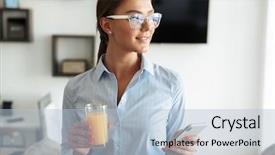  Presentation with young business woman smile show - Colorful theme enhanced with phone holding glass of orange backdrop and a light blue colored foreground