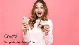  Presentation with mobile phone on car - Presentation consisting of phone holding plastic credit card background and a coral colored foreground