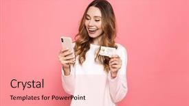  Presentation with credit card - Audience pleasing PPT theme consisting of phone holding plastic credit card backdrop and a coral colored foreground