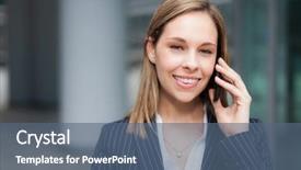  Presentation with young business woman smile show - Colorful theme enhanced with phone in a business environment backdrop and a ocean colored foreground