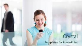  Presentation with public speaking - Presentation design enhanced with phone in a public area background and a sky blue colored foreground