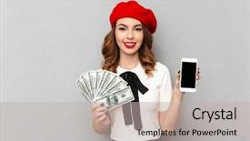  Presentation with mobile money - Slide deck enhanced with helping students achieve - portrait of a smiling schoolgirl background and a light gray colored foreground