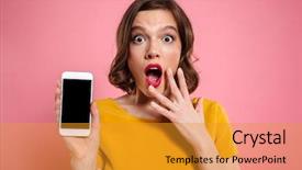  Presentation with blank portrait a4 - PPT layouts with phone isolated over pink background background and a gold colored foreground