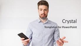  Presentation with young man on the phone - Colorful slide deck enhanced with phone isolated over white background backdrop and a light gray colored foreground