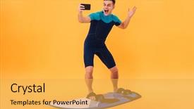  Presentation with cheerful - PPT theme featuring phone isolated over yellow background background and a  colored foreground