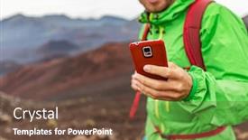  Presentation with online travel - Audience pleasing slide deck consisting of phone-man-texting-during-trek backdrop and a tawny brown colored foreground